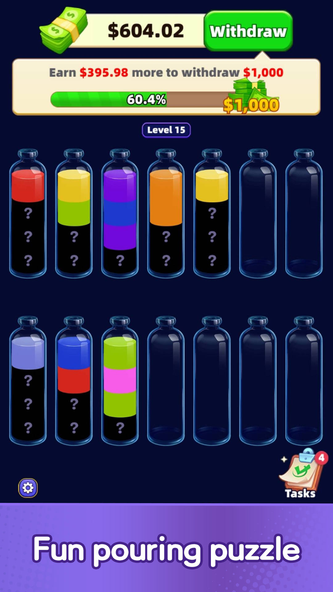 Water Pouring Puzzle in-game level with colorful liquid tubes